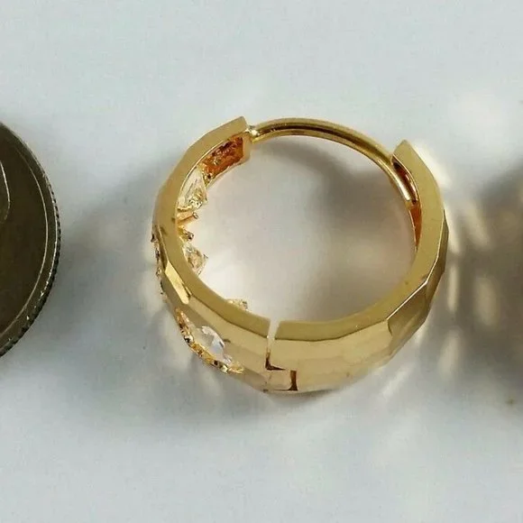 Elegant 14K Karat 585 Stamp Yellow Gold Small Hoop Earrings with CZ's - Nice!